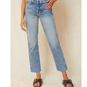 AMO Loverboy Loved Denim Jeans Blue Straight Leg Raw Hem High Rise, Size 26